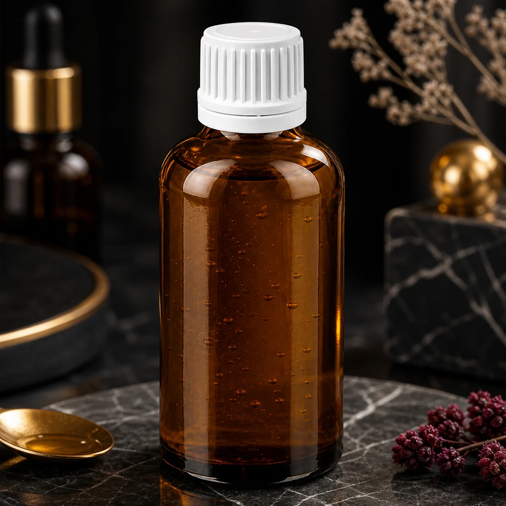 50ml lääkepullo UV-suojattua meripihkanväristä lasia, jossa on turvallinen valkoinen korkki apteekkituotteille.