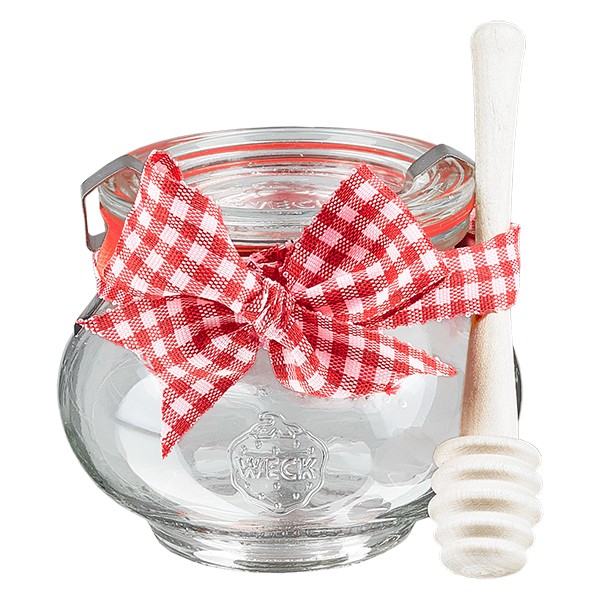 WECK korupurkki 220ml täydellisenä hunajalusikalla ja rusetilla varustettuna.