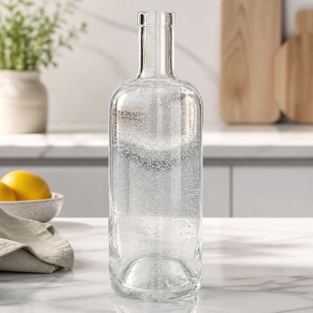 750ml Glasflasche "Attila" ohne Verschluss UNiTWIST® 750 ml:n lasipullo Emma tyhjä valkoisessa keittiössä marmoritasolla, jossa on sitruuna ja teepyyhe koristeena.
