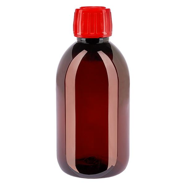 PET-pullo 250ml, jossa on punainen korkki. PET-pullo 250ml, jossa on punainen korkki.