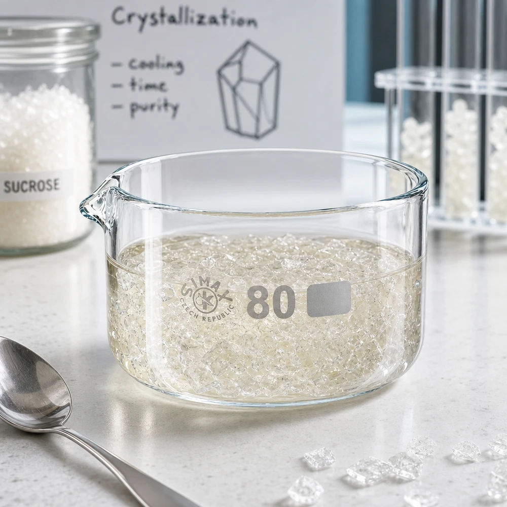 150 ml:n kiteytysastia sakkaroosin kiteytyskokeessa, jossa käytetään valkoisia sokerikiteitä, halkaisija 80 mm
