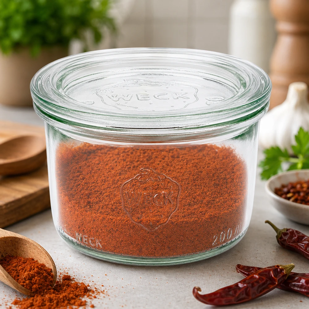 200ml muurinpohjapurkki, jossa on lasikansi WECK RR80. WECK 200ml RR80-pullot täynnä paprikajauhetta mausteiden optimaaliseen säilytykseen chilipippurien vieressä.