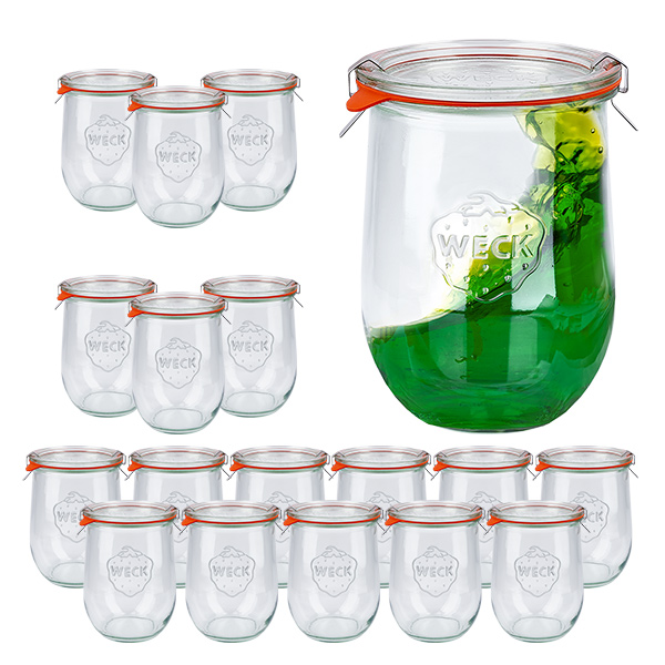 18 Weck-purkin setti 1062ml tulppaanipurkkeja, 1 litran juomapurkkeja. 18 Weck-purkin setti 1062ml tulppaanipurkkeja, 1 litran juomapurkkeja.