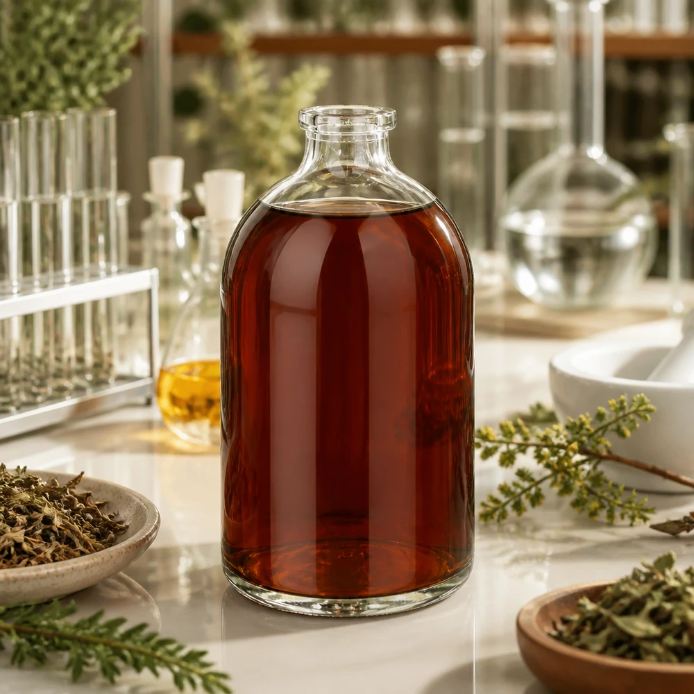 Injektiopullo kirkasta lasia 100ml Kleine Klarglas Injektionsflasche 100ml mit dunklem Kräuterauszug zwischen Reagenzgläsern und Schalen