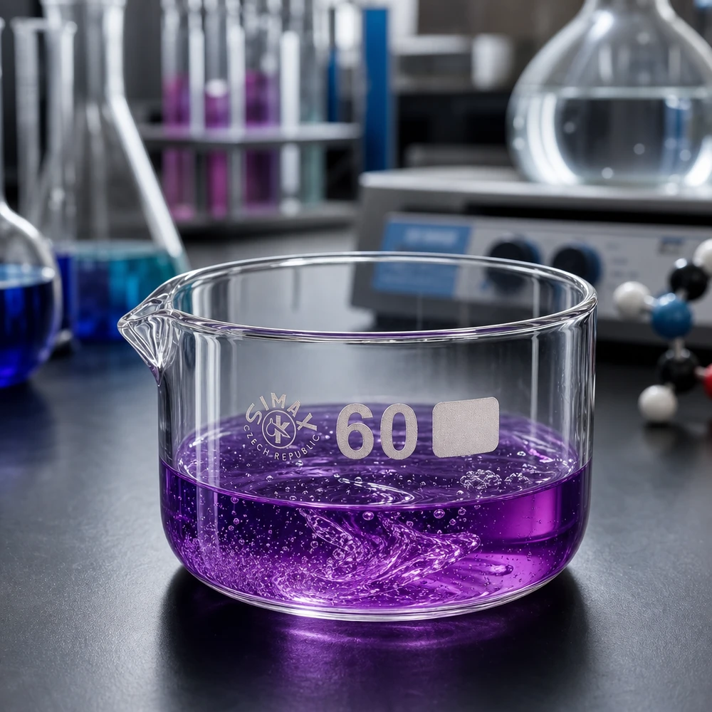 60ml kiteytysastia, jossa on borosilikaattikannu ø60mm Kiteytysastia 60 ml, violetti liuos kiehuu, laboratoriokokeilu, borosilikaattilasi, litteä, sylinterimäinen