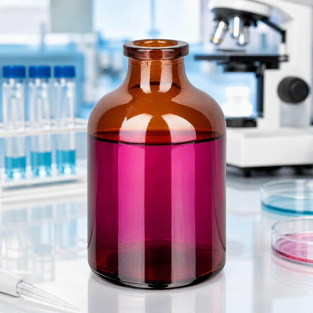 Injektiopullo meripihkalasia 50ml Braunglas Injektionsflasche 50ml mit breitem Zylinderkörper und eingezogenem Hals im Labor