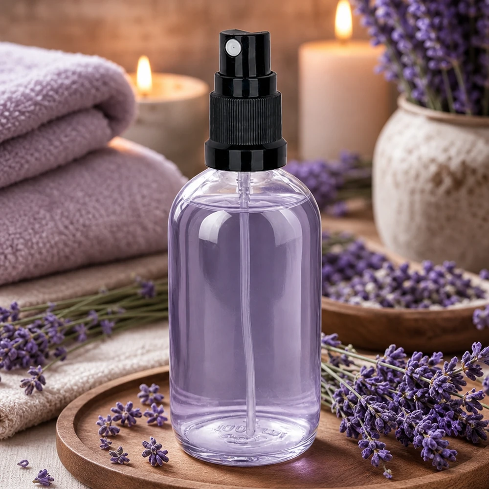 100ml suihkepullo musta vakiokorkki ClearLine UT18/100 Laventeli-tuoksusuihke 100 ml:n ClearLine-lasipullossa, jossa on musta sumutin, puualustalla