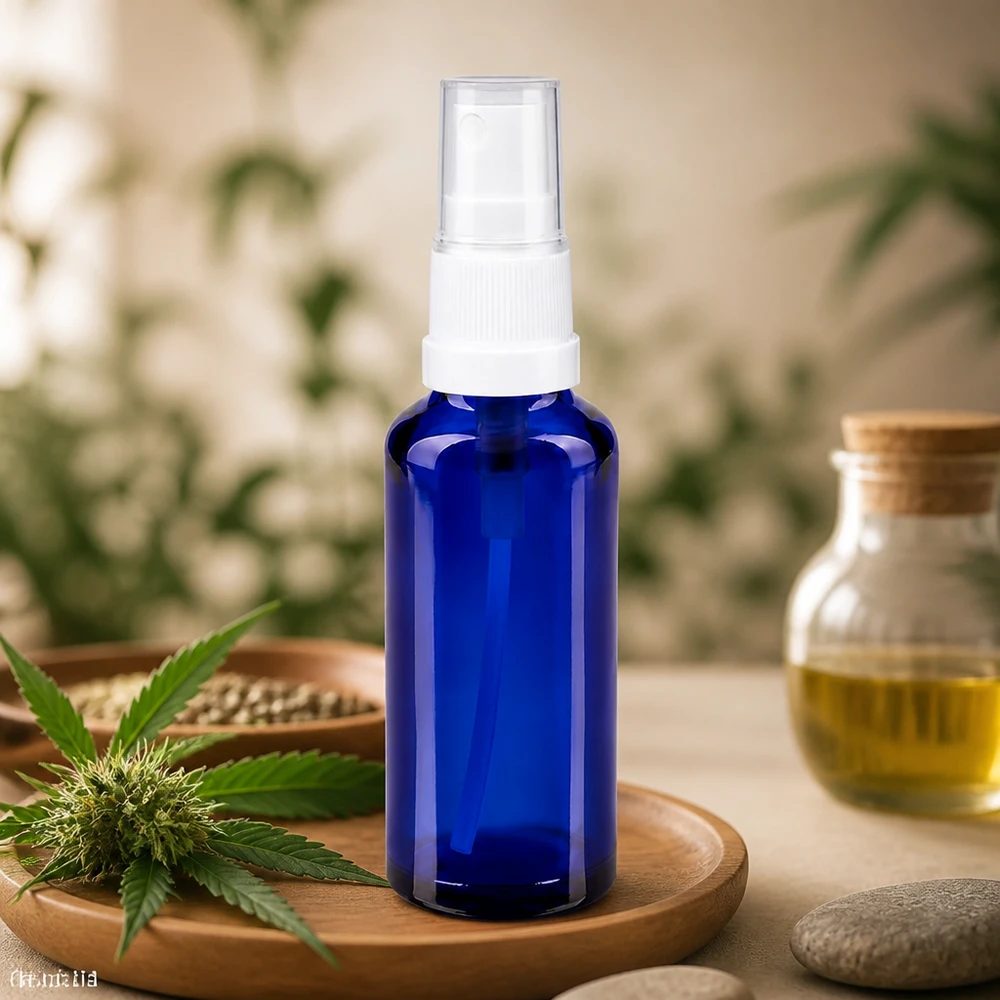 Apteekkipullo sininen 30ml ruiskutuskorkki valkoinen Sininen 30 ml:n ApoGlas-suihkepullo, jossa on valkoinen pumppupää, kannabiskasvin ja hamppusiemenien vieressä puulevyllä