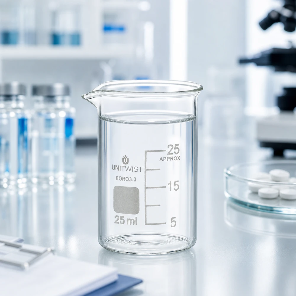 UNiTWIST:n 25 ml:n matalaprofiilinen borosilikaattilasi (3.3) mikroskoopin ja tablettien vieressä laboratoriossa