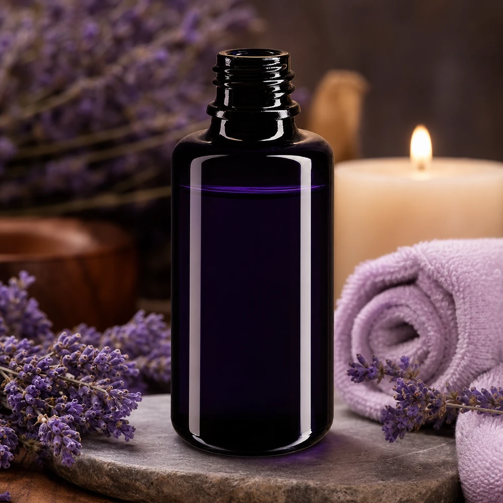 Violetti lasipullo 30ml DIN 18 (Mironglas). Elegantti 30ml Orion tippapullo tumman violetista lasista aromaterapiaan ja hyvinvointiin.