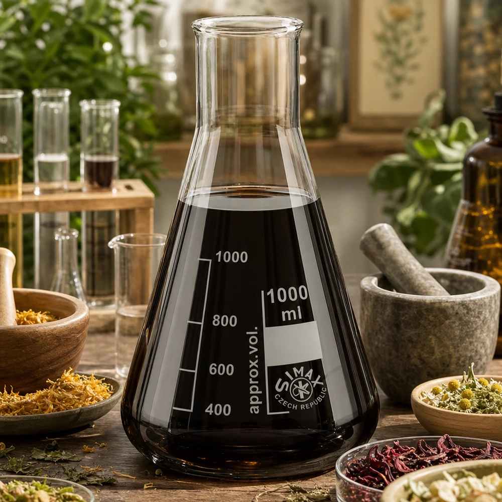 Erlenmeyer-pullo 100ml leveä kaulaosa Suuri Erlenmeyer-pullo 1000ml, jossa on mustaa nestettä ja luonnon yrttien välinen asteikko.
