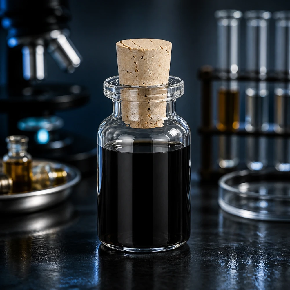 Kirkas lasipullo 10ml korkilla 11/14mm. Versiegelte Klarglas-Flasche 10ml mit Korkstopfen 11/14mm neben Petrischale und Reagenzgläsern