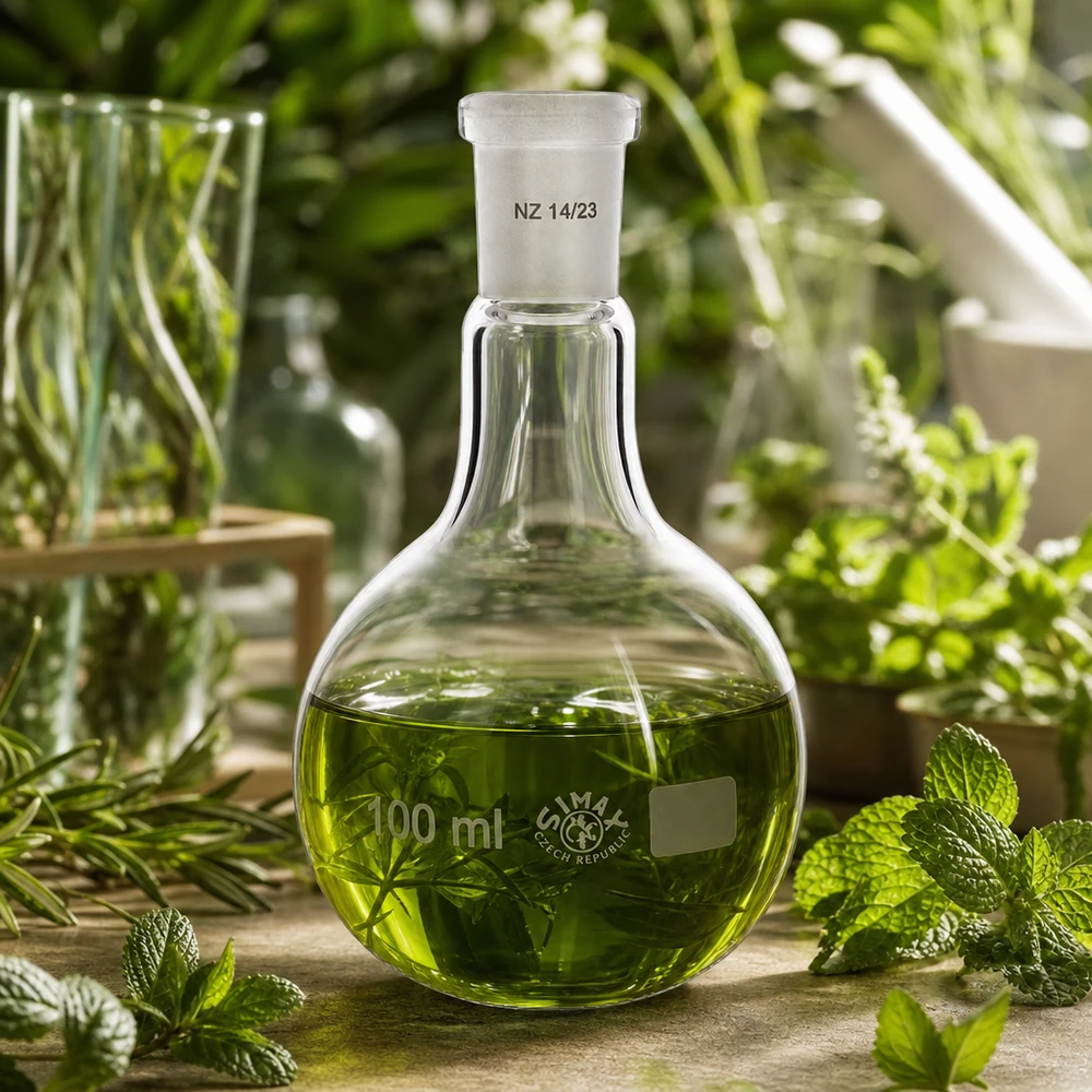 Lantiopullo 100ml, jossa on vakiohionta (14/23). Seisova pullo 100ml, jossa on vihreä liuos ja minttukoriste kasvitieteellisiä uuttomenetelmiä varten.