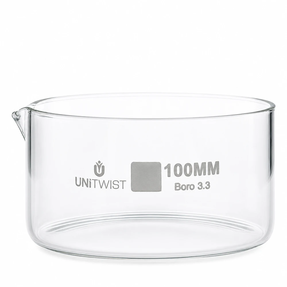 Kiteytysastia ø100mm borosilikaattilasi UNiTWIST UNiTWIST Kiteytysastia 100 mm, borosilikaattilasi, UNiTWIST Boro 3.3, läpinäkyvä, sylinterimäinen, kaatonokalla