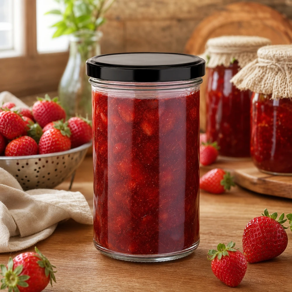277ml Sturzglas gefüllt mit Erdbeermarmelade BasicSeal Deckel schwarz Einmachglas für Konfitüre und Aufstriche