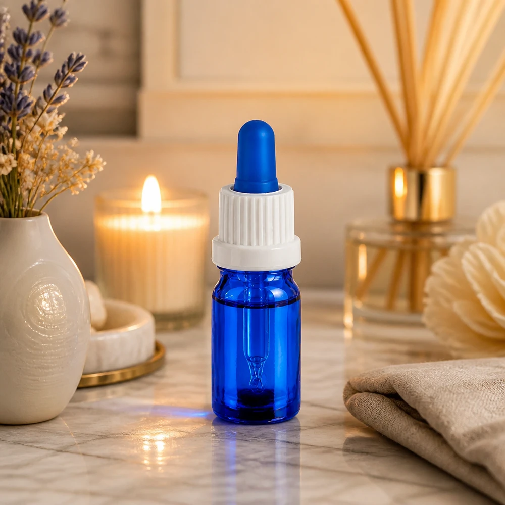 5ml pipettipullo valkoinen/sininen sulkeminen väärentämisen estävällä sulkimella BlueLine UT18/5 BlueLine UT18/5 Elegantti 5ml pipettipullo koboltin sinisellä ja valkoisella pipetillä aromaterapiaan ja kosmetiikkaan.