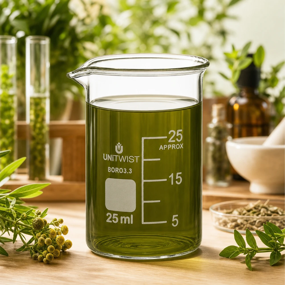 25 ml:n dekantterilasi, borosilikaattia, matala muotti UNiTWIST UNiTWIST 25 ml:n lasipullo, jossa on vihreää yrttiuutetta ja jota ympäröivät tuoreet lääkekasvit puualustalla