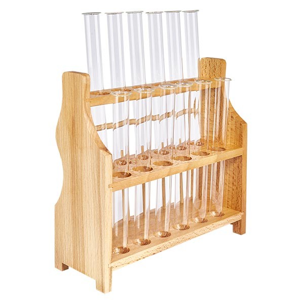 Puinen koeputkiteline, jossa on 12 borosilikaattikoeputkea 160x16 Puinen koeputkiteline, jossa on 12 borosilikaattikoeputkea 160x16