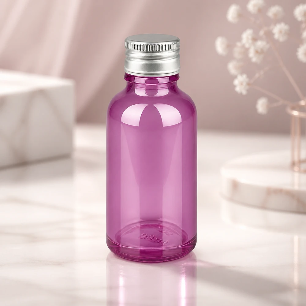 30ml pullo 11mm ruuvikorkki alumiini-hopea vakio PurpleLine.UT18/30 Läpinäkyvä violetti lasipullo 30ml, jossa on kiiltävä alumiinikorkki aromaterapiaa varten.