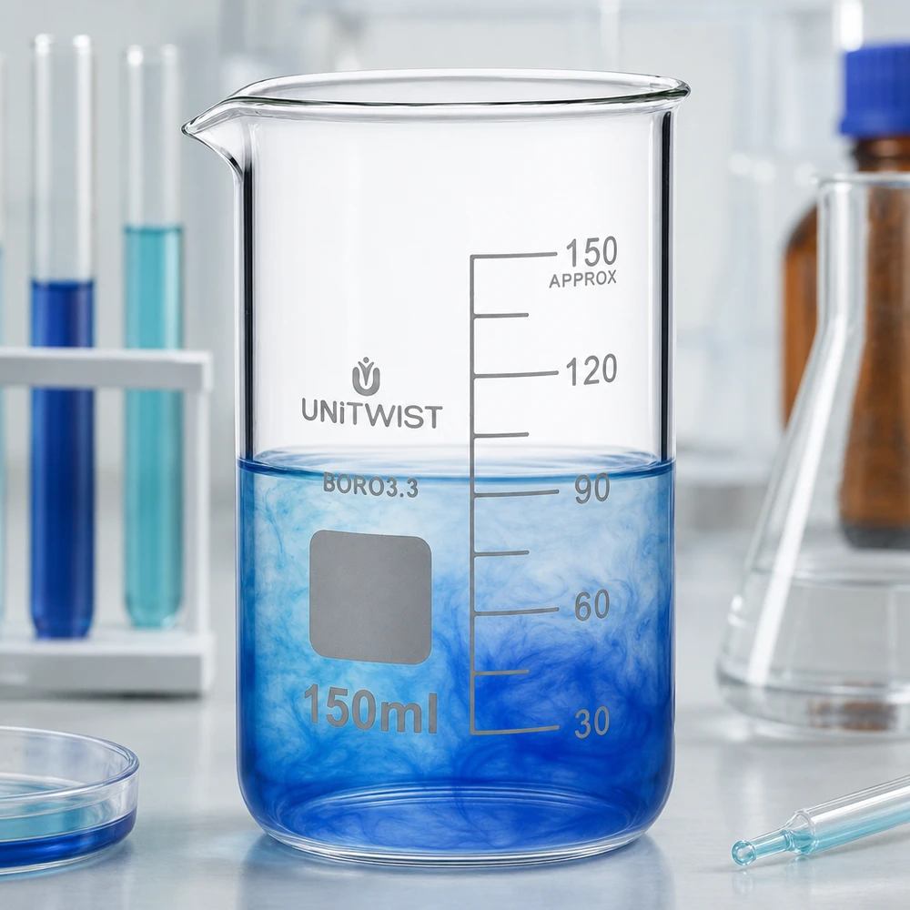 UNITWIST-lasimuki 150 ml, borosilikaattia, korkea malli, mittaviivoilla ja sinisellä liuoksella laboratoriossa