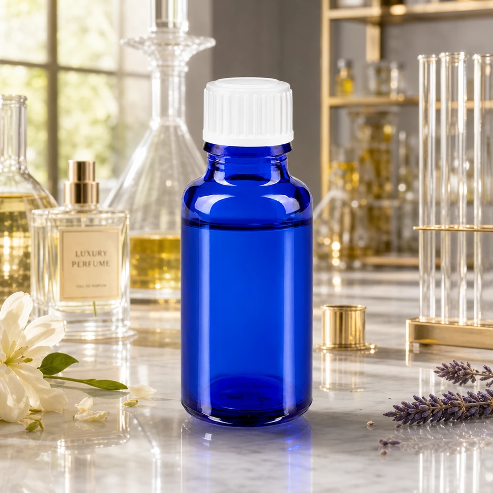Apteekkipullo sininen 20ml ruuvikorkki valkoinen standardi Koboltinsininen 20 ml:n lasipullo, jossa on valkoinen korkki, laventelin ja jasmiinin kukkien välissä