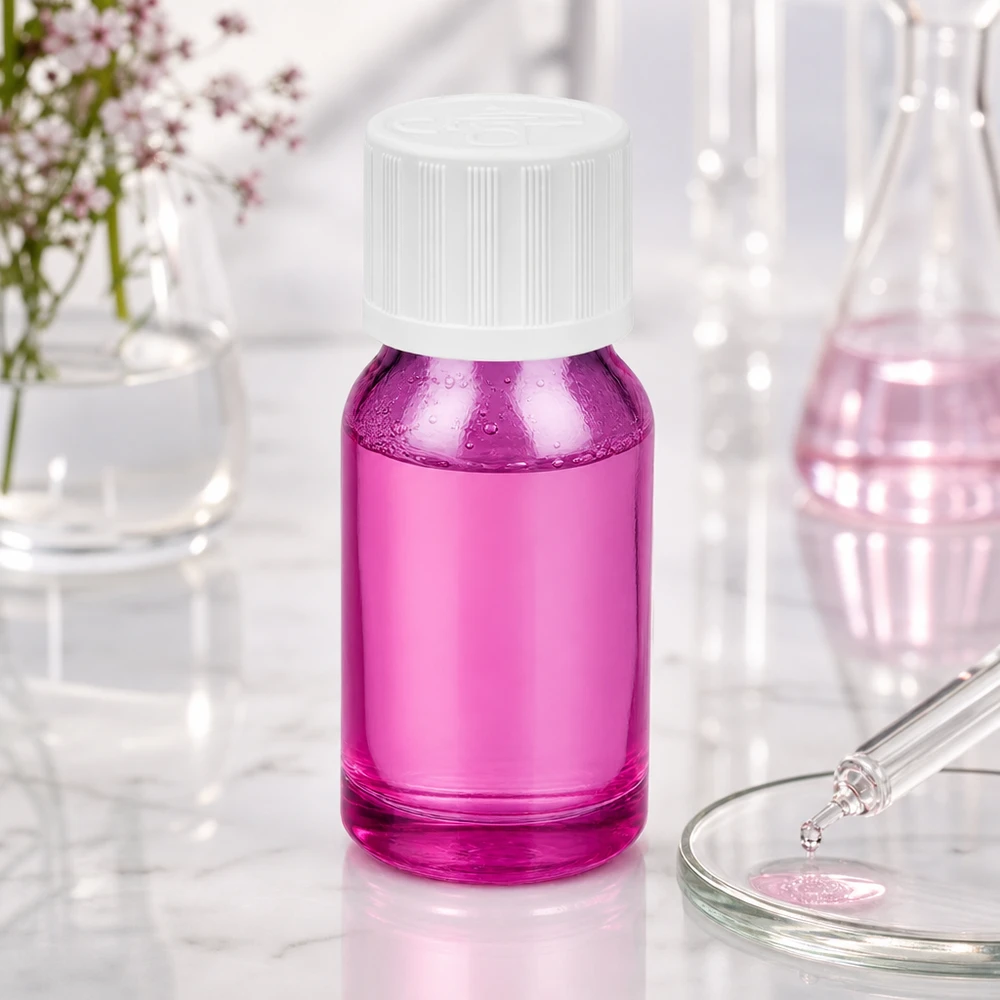 10ml pullo 11mm ruuvikorkki valkoinen standardi lapsiturvallinen PurpleLine UT18/10 10ml lasipullo, jossa on STD KiSi-korkki violetissa värissä seerumien ja tippojen tarkkaa annostelua varten.