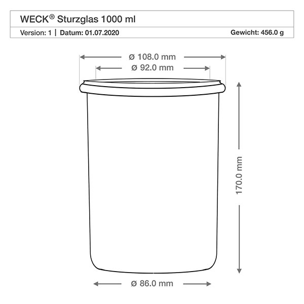 1000 ml:n juomalasit WECK RR100, jossa on puupallo pyökkiä. Tekninen piirustus WECK-maljat 1000ml RR100, mitat, halkaisija 108mm, korkeus 170mm, paino 456g.