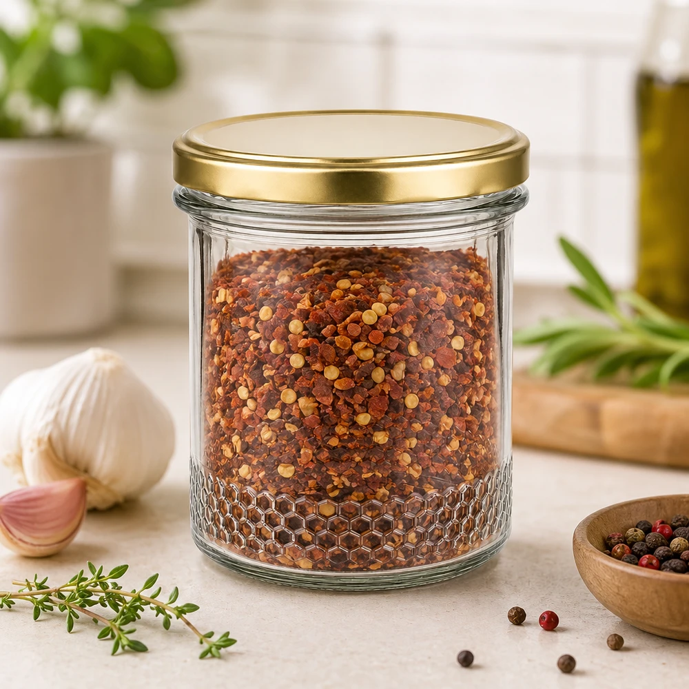 400ml hunajapurkki, jossa on BasicSeal-kansi kultainen UNiTWIST maustepurkki chilihiutaleille keittiötiloissa.