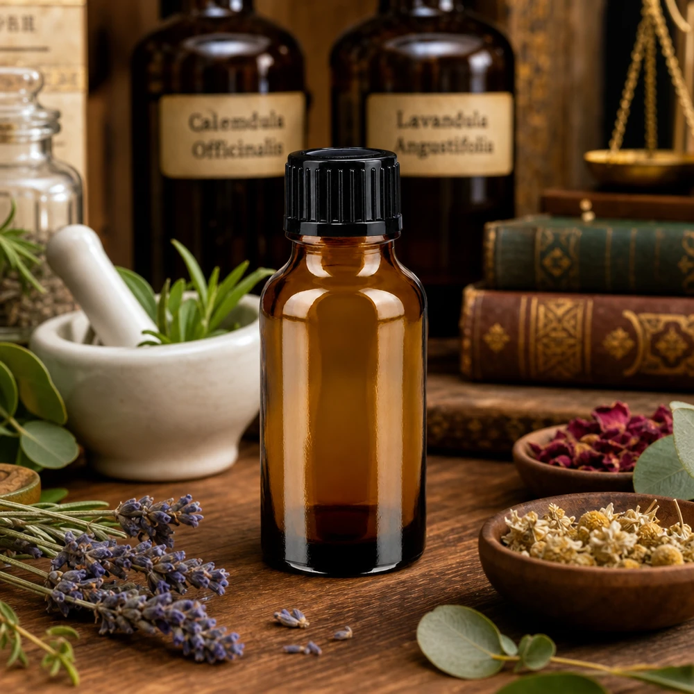 Apteekkipullo ruskea 20ml ruuvikorkki musta standardi Ruskea 20 ml:n lasipullo, jossa on musta korkki, Calendula- ja Lavandula officinalis -tinktuurien vieressä