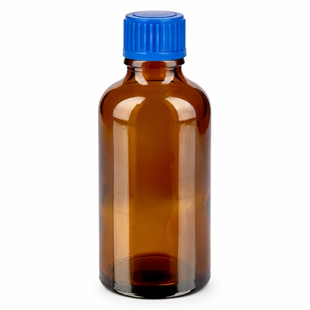 50ml pullo 11mm kierrekorkki sininen Standard BrownLine UT18/50 Standard BrownLine UT18/50 50ml meripihkanvärinen lasipullo, jossa sininen kierrekorkki lääkkeille ja farmaseuttisille tuotteille.