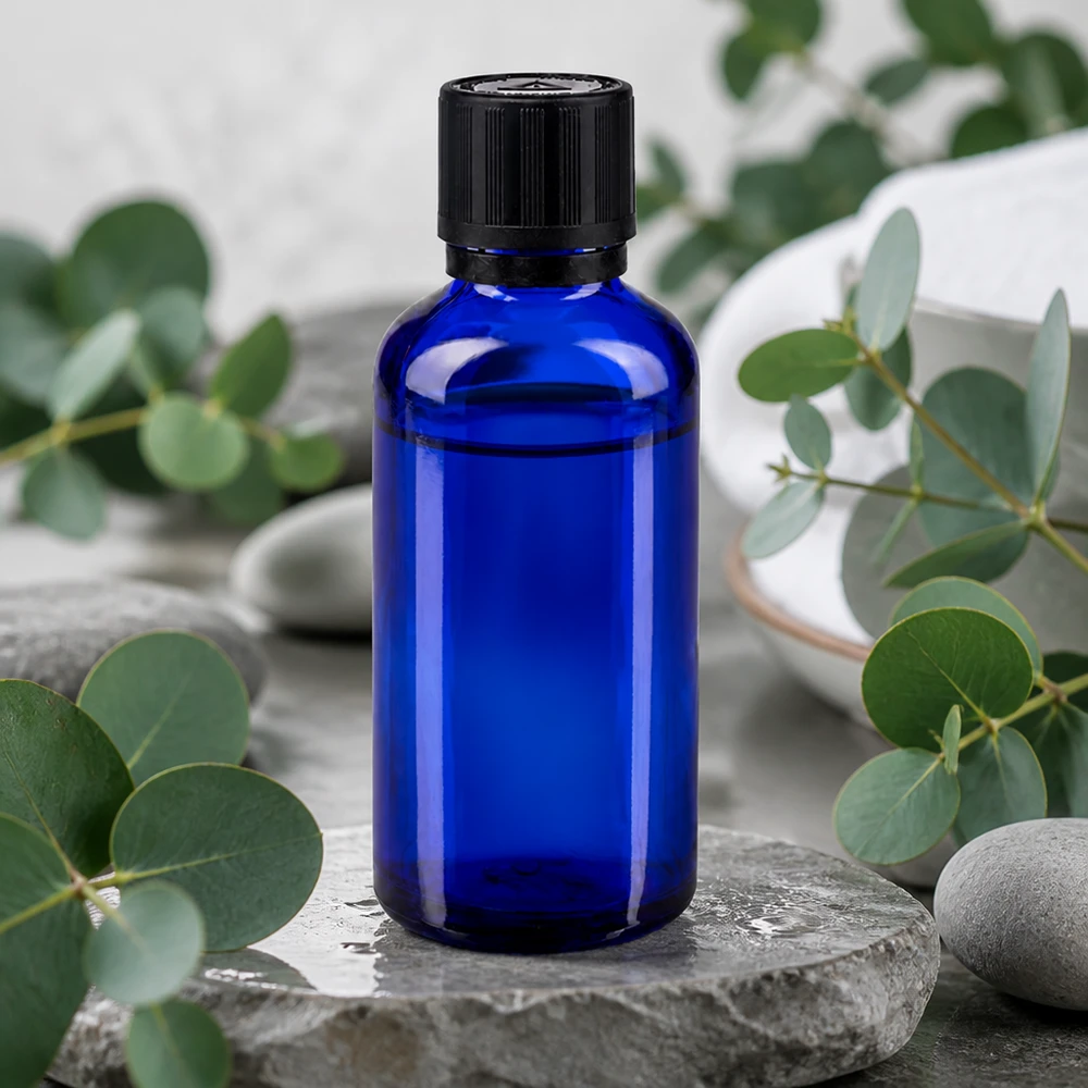 Apteekkipullo sininen 50ml tippapullo korkki kaatorengas 1mm musta lapsilukko sokea varoitussymboli peukaloinninesto sulkeminen. 50 ml:n sininen apteekkipullo, jossa on musta lapsiturvallinen korkki, luonnonkivien päällä, eukalyptusoksia