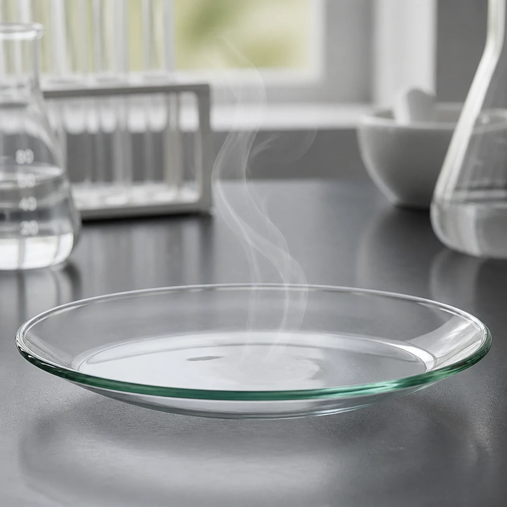 läpinäkyvästä lasista valmistettu litteä laboratorioastia, halkaisija 60 mm, haihdutuskokeita varten.