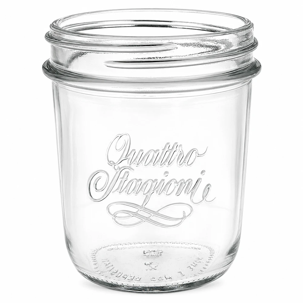 320 ml:n juomapullot "Quattro Stagioni" QS86mm Tyhjät 320ml Quattro Stagioni -mukit, joissa on QS86mm kierre ja tyylikäs kirjain säilöntään ja säilykkeisiin.
