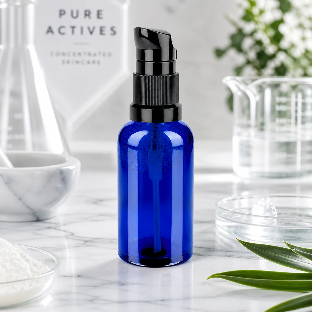 Laadukas 50ml lasipullo mattamustalla pumpulla ylellisille ihonhoitotuotteille STD BlueLine UT18/50