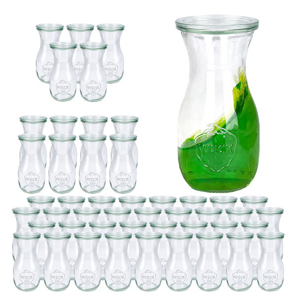 Setti 48 Weck-purkkia 290ml mehupullo, jossa on 48 lasikantta.