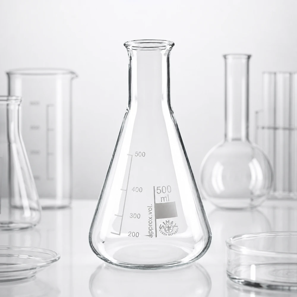 Erlenmeyer-pullo 500ml kapeakaulainen pullo Kartiomainen Erlenmeyer-pullo 500ml kirkasta laboratoriolasia, jossa on tarkat tilavuusmerkinnät.