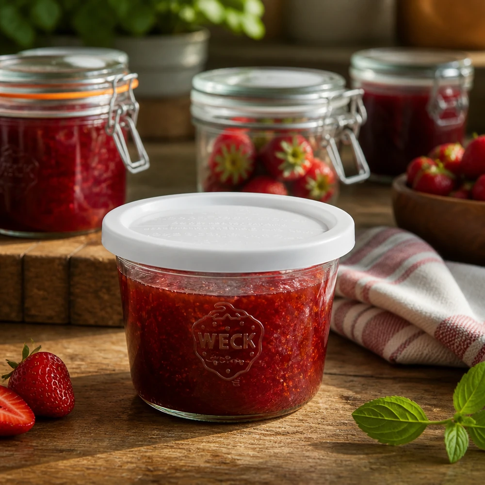 370 ml:n lasipurkki, jossa on tuoreuskansi, WECK RR100 WECK 370ml RR100-purkki täynnä mansikkahilloa maalaismaisessa keittiössä tuoreiden mansikoiden ja säilöntätölkkien vieressä.