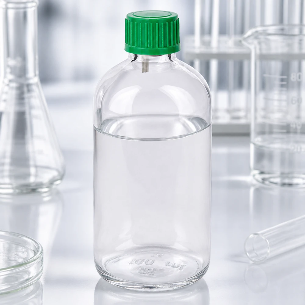 Laboratoriokäyttöön tarkoitettu 100 ml:n tiputuspullo ClearLine UT18, jossa on vihreä korkki ja kirkas lasirunko