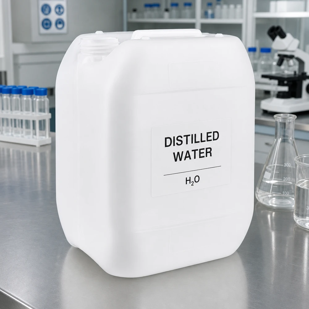 10 litran laboratori kanisteri tislatulle vedelle (H₂O), valkoinen HDPE-astia ilman korkkia