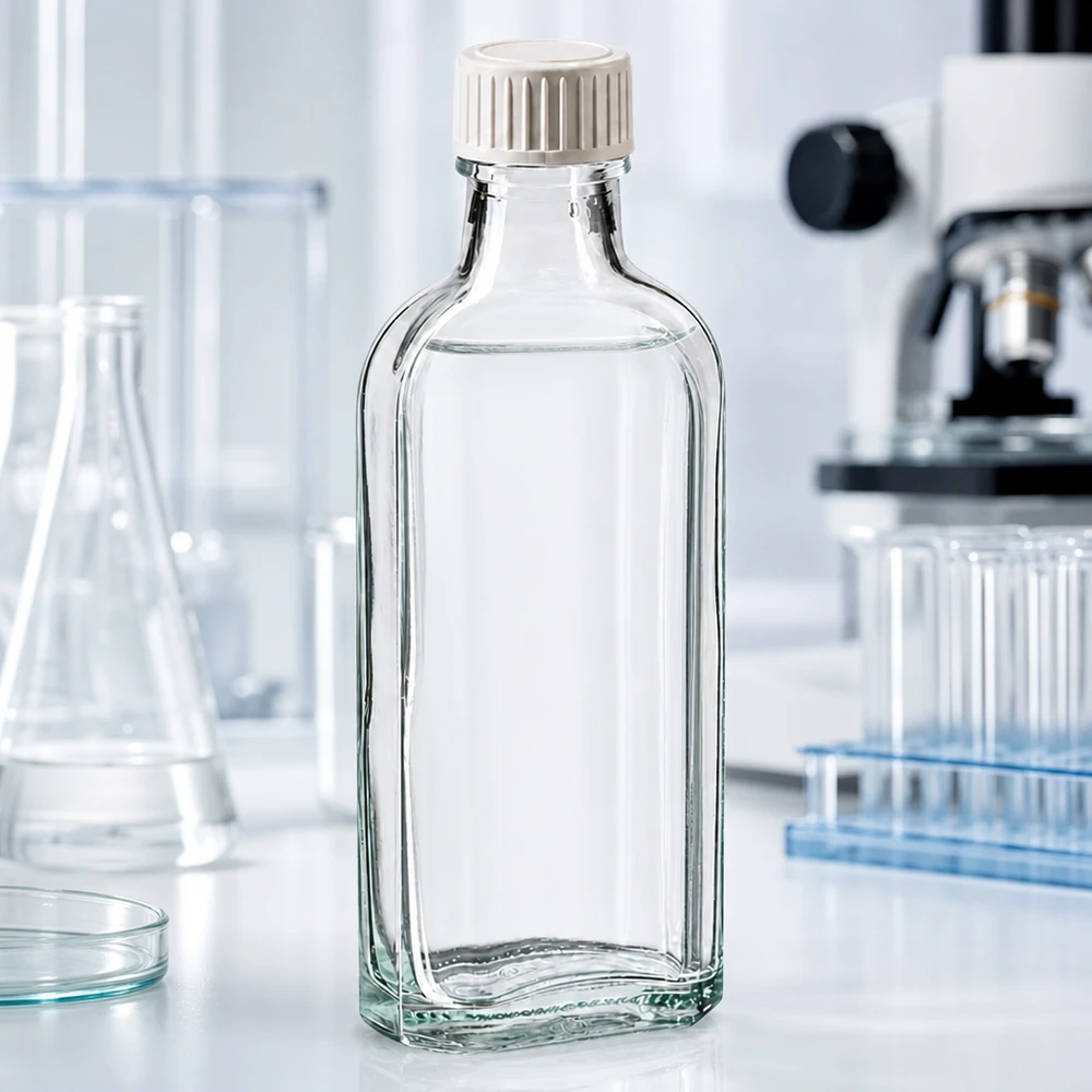 Litteä 100 ml:n laboratoriopullo kirkkaasta lasista, jossa on valkoinen muovinen kierrekorkki