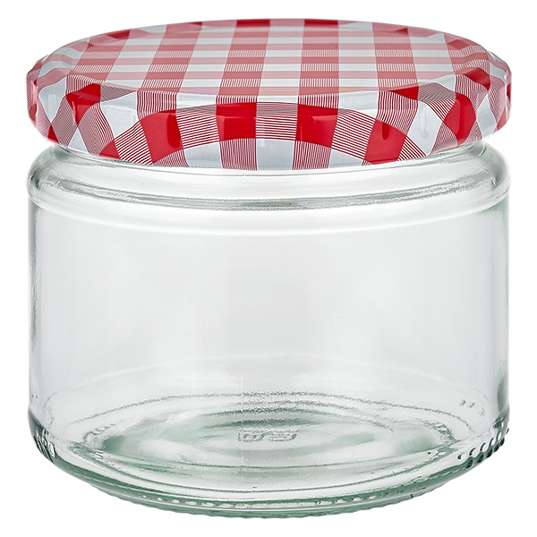 330ml pyöreä purkki, jossa on BasicSeal-kansi punainen/valkoinen UNiTWIST