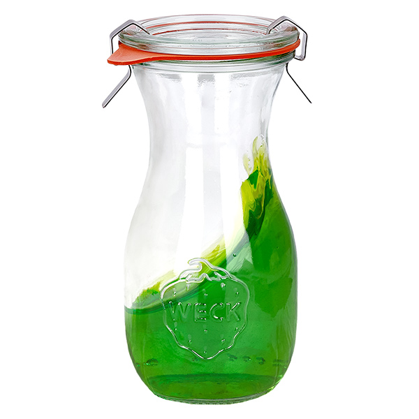 Setti 48 Weck-purkkia 290ml mehupullo, jossa on 48 lasikantta.