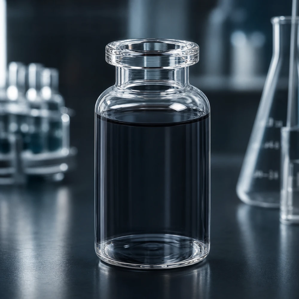 Hochwertige Klarglas Injektionsflasche 10ml mit breitem Mündungsring und dunklem Flüssigkeitsinhalt