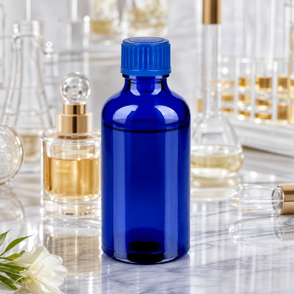 50ml pullo 11mm kierrekorkki sininen Standard BlueLine UT18/50 Standard BlueLine UT18/50 50ml sininen lasipullo UT18/50, jossa on uritettu korkki ammattikäyttöön