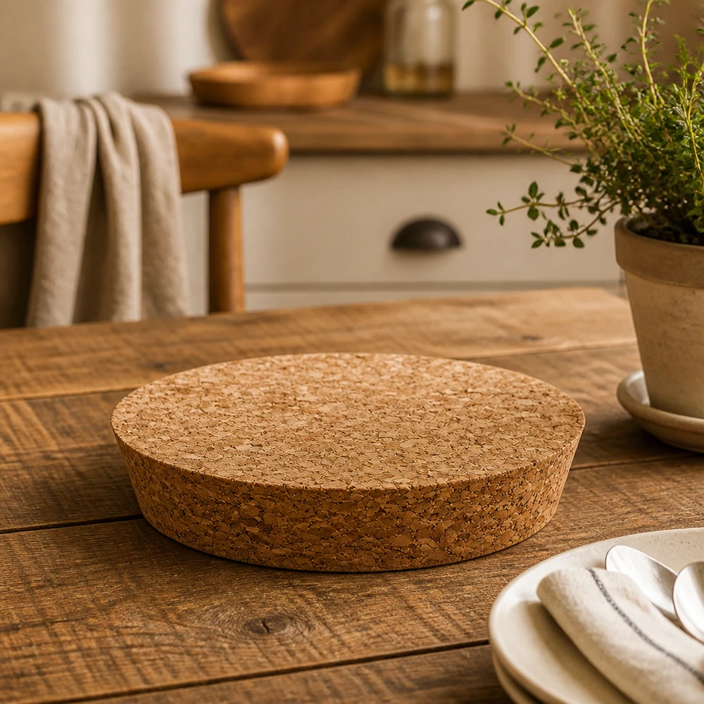 Korkki avautumiseen 94mm WECK RR100 (ø90/104, H=20mm) WECK RR100 korkki yksityiskohtaisesti kuvattu puupöydällä keittiövälineillä ja yrttiruukulla luonnollinen korkkikansi 20mm korkeus