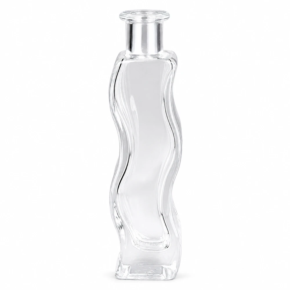 100ml lasipullo Melissa tyhjä ilman korkkia UNiTWIST läpinäkyvä aaltomuotoinen hajuvesille tai kosmetiikalle.