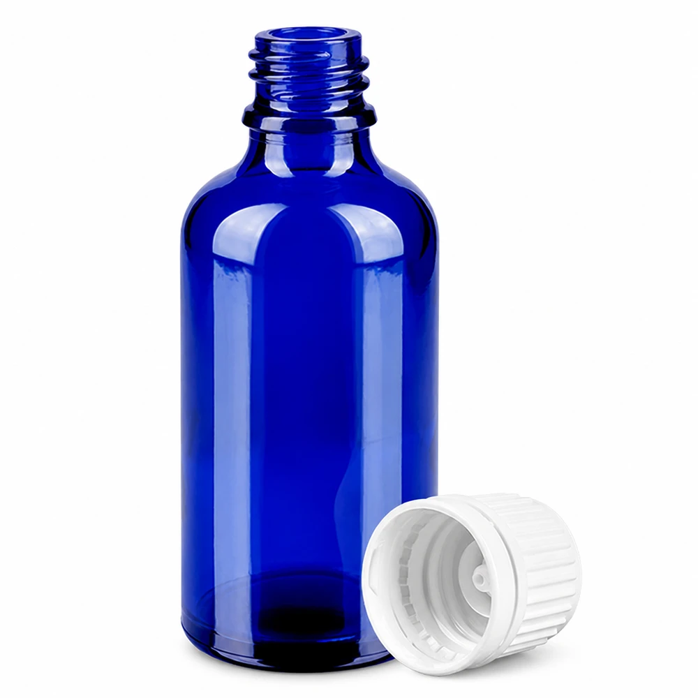 Koboltinsininen lasipullo 50ml, jossa on ruuvikierre ja valkoinen korkki eteerisille öljyille.