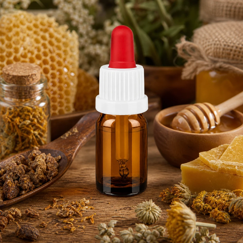 5ml pipettipullo valkoinen/punainen väärentämisen varalta suljettava BrownLine UT18/5 5ml meripihkanvärinen lasipullo, jossa on tippakorkki, ihanteellinen kosmetiikkaan ja aromaterapiaan.