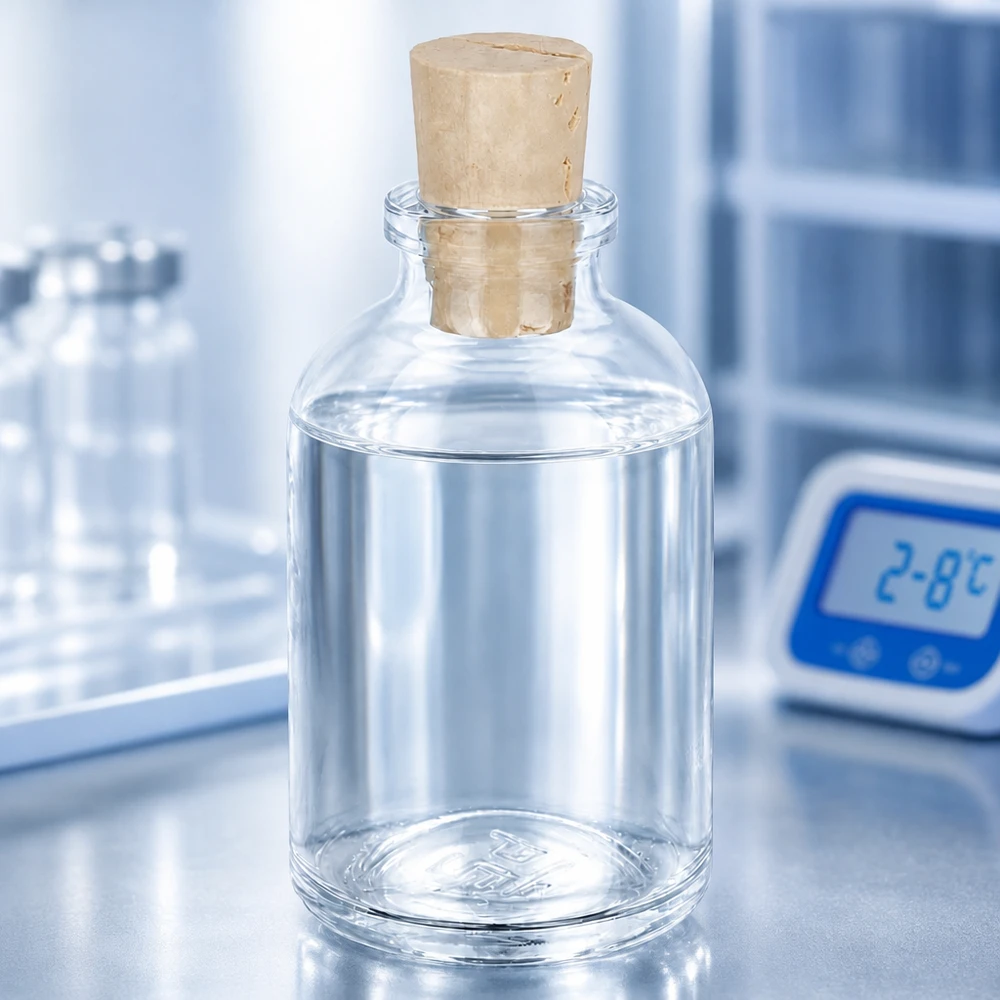 Apothekerflasche Klarglas 50ml mit Korken 11/14mm halb gefüllt mit klarer Lösung im Kühlbereich