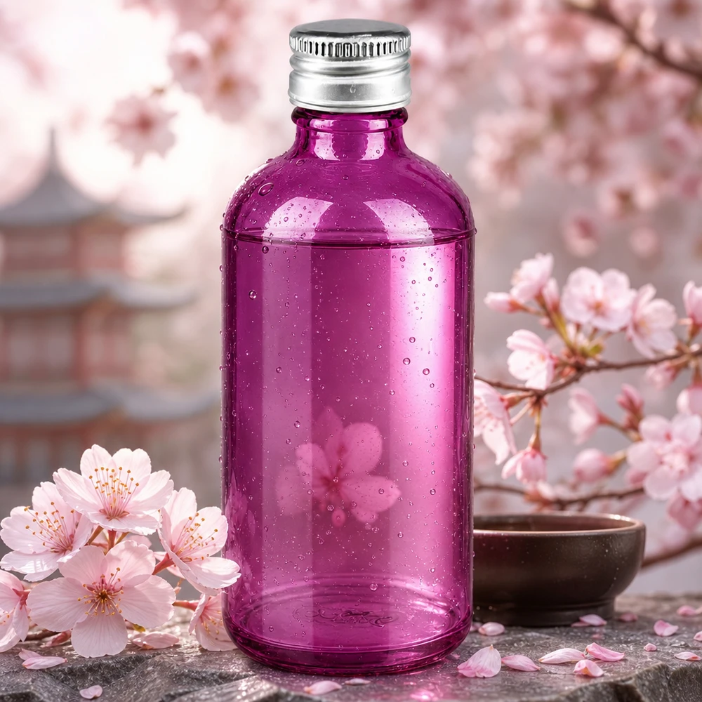Tyylikäs 100ml violetti lasipullo 11mm kierteellä, joka sopii täydellisesti kosmetiikkapakkauksiin.